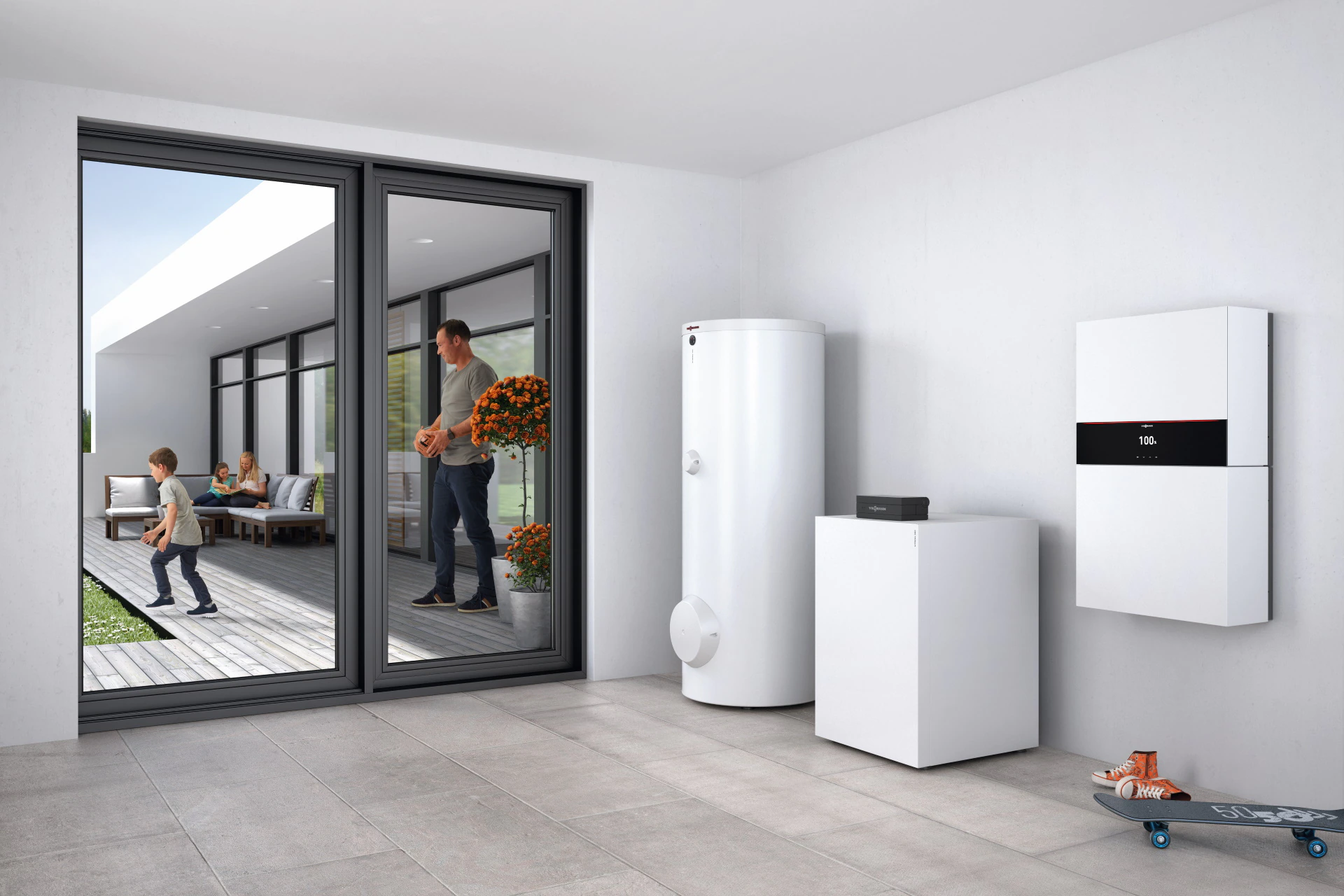 Wärmepumpe Innenmodul mit Speicher in modernem Wohnraum
